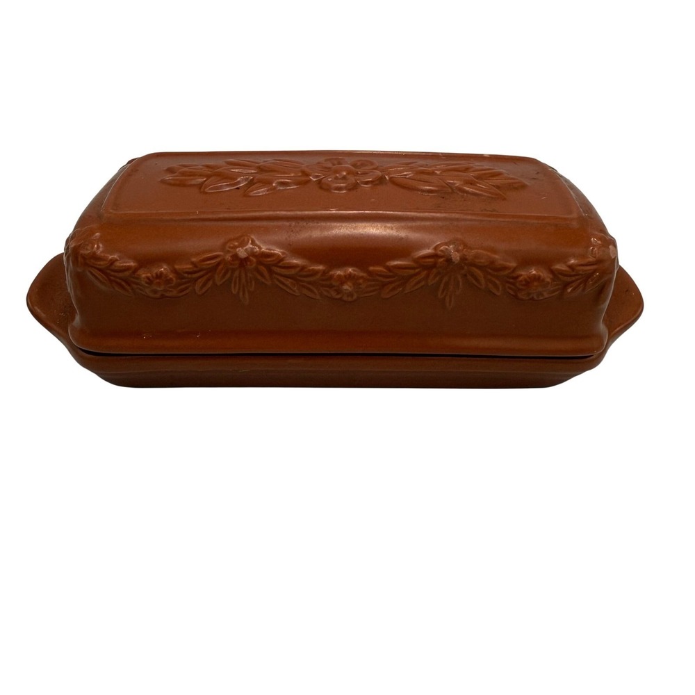 Vintage Avon Terracotta Butter Dish Embossed Floral Design Two Piece Set